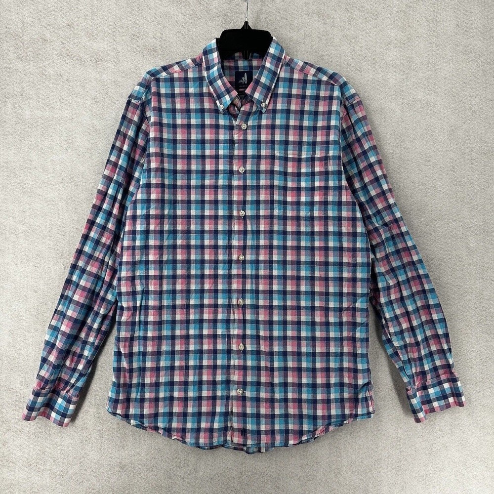 Johnnie-O Shirt Mens LARGE Blue Pink Plaid Long Sleeve Button Down Cotton Casual